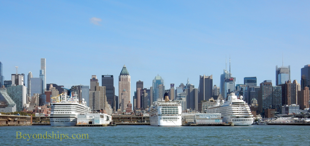 Cruise ships Carnival Sunshine, Norwegian Gem and Crystal Serenity against the Manhattan skyline