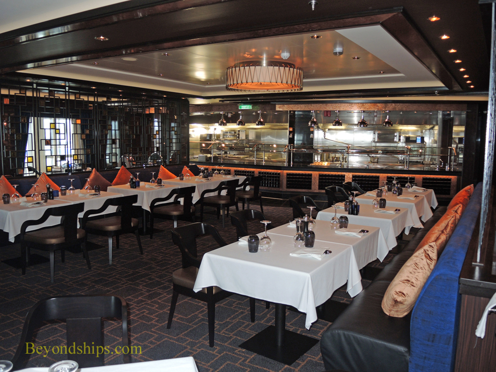 Looking towards the open front kitchen at Cagney's steakhouse on Norwegian Escape.