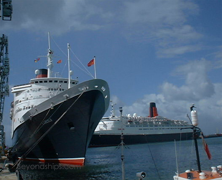 Caronia, cruise ship, and QE2, Queen Elizabeth 2, ocean liner, in Barbados 