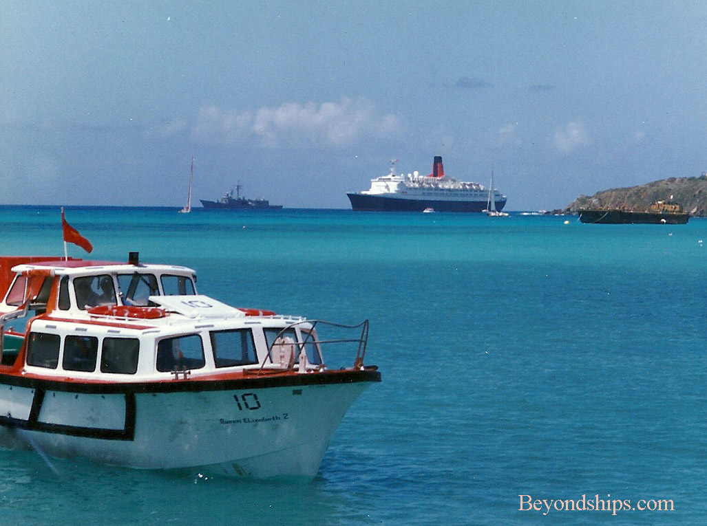 QE2 (Queen Elizabeth 2) ocean liner, and warship off St. Thomas