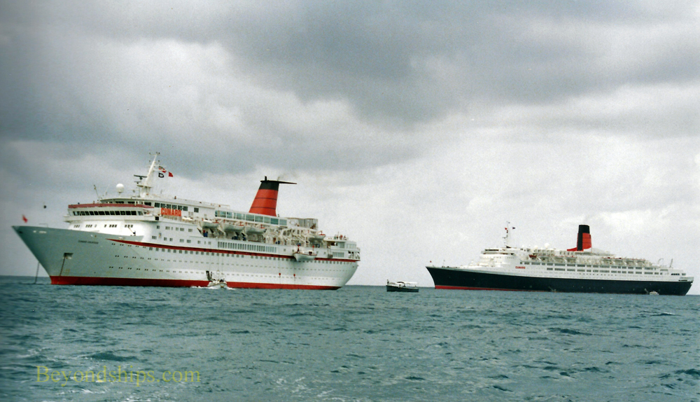 Cunard Countess, cruise ship, and QE2, Queen Elizabeth 2, ocean liner