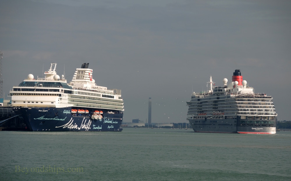 Mein Schiff and Queen Victoria cruise ships in Southampton, England