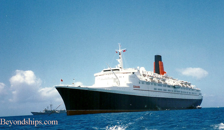 QE2 (Queen Elizabeth 2) ocean liner, accompanied by warship