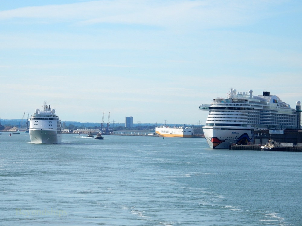 Silver Whisper and AIDAprima cruise ships in Southampton, England